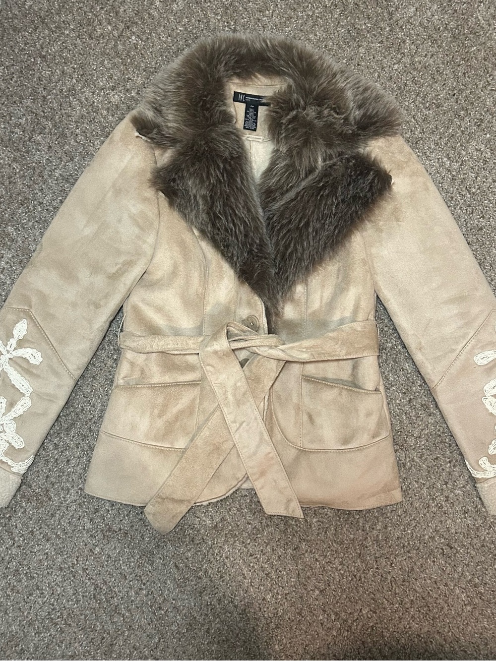 INC International Concepts Beige Suede Jacket with Brown Faux Fur Collar